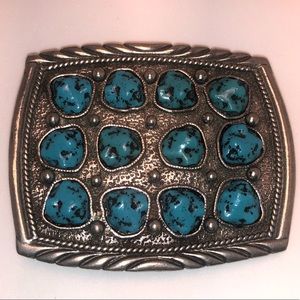 Silver-tone belt buckle with Turquoise stones